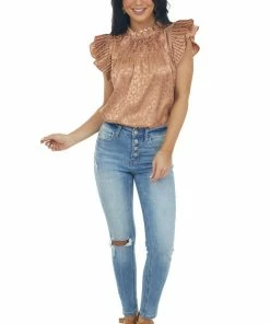 Jodifl Sepia Metallic Leopard Pleated Sleeve Yoke Top Tops