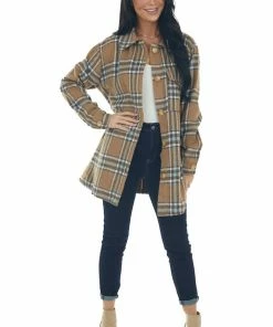 Kori America Sepia Plaid Belted Button Down Brushed Jacket