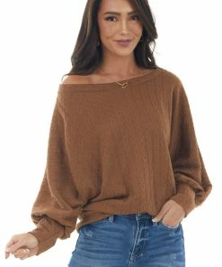 143 Story Tops Sepia Textured Knit Banded Dolman Sleeve Top