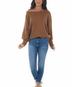 143 Story Tops Sepia Textured Knit Banded Dolman Sleeve Top