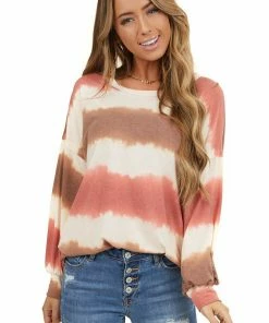 Lime'N' Chili Sienna And Coral Tie Dye Round Neckline Long Sleeve Top Tops