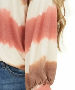 Lime 'N' Chili Sienna And Coral Tie Dye Round Neckline Long Sleeve Top Tops