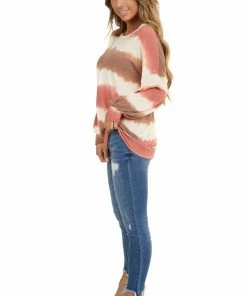 Lime 'N' Chili Sienna And Coral Tie Dye Round Neckline Long Sleeve Top Tops