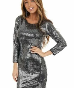 Dress Forum Silver Metallic Bodycon Short Dress With 3/4 Length Sleeves