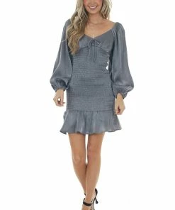 Peach Love Dresses Silver Metallic Smocked Bodycon Ruffle Dress