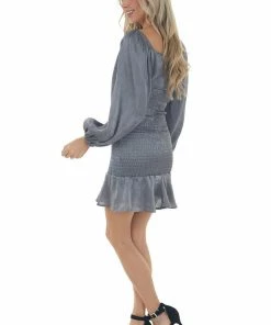 Peach Love Dresses Silver Metallic Smocked Bodycon Ruffle Dress