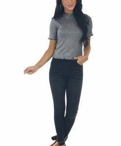 ANGIE Silver Metallic Thread Lettuce Trim Fitted Top Tops