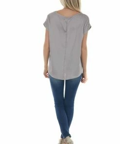 She + Sky Silver Short Cuff Sleeve Pleated Hem Blouse
