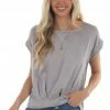 She + Sky Silver Short Cuff Sleeve Pleated Hem Blouse