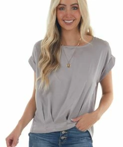 She + Sky Silver Short Cuff Sleeve Pleated Hem Blouse