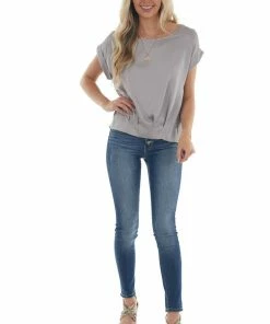 She + Sky Silver Short Cuff Sleeve Pleated Hem Blouse