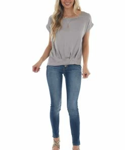 She + Sky Silver Short Cuff Sleeve Pleated Hem Blouse