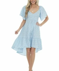 Umgee Sky Blue Ditsy Floral High Low Babydoll Dress Dresses 11 Umgee Sky Blue Ditsy Floral High Low Babydoll Dress Dresses