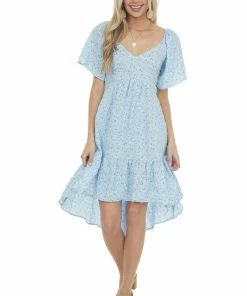 Umgee Sky Blue Ditsy Floral High Low Babydoll Dress Dresses 10 Umgee Sky Blue Ditsy Floral High Low Babydoll Dress Dresses
