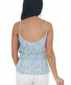 Aemi + Co Tops Sky Blue Ditsy Floral Wrap Tank Top With Tie