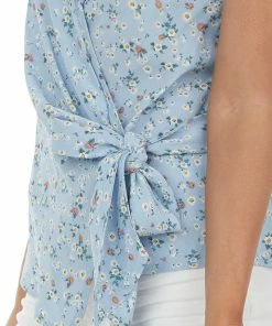 Aemi + Co Tops Sky Blue Ditsy Floral Wrap Tank Top With Tie