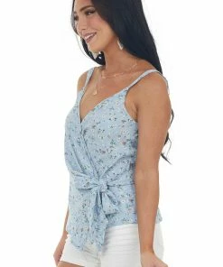 Aemi + Co Tops Sky Blue Ditsy Floral Wrap Tank Top With Tie
