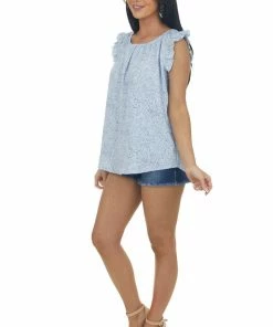 Hailey & Co Sky Blue Dotted Ruffle Trim Cap Sleeve Blouse Tops 17 Hailey & Co Sky Blue Dotted Ruffle Trim Cap Sleeve Blouse Tops