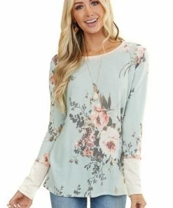 Vanilla Bay Tops Sky Blue Floral Print Long Sleeve Top With Cream Contrast