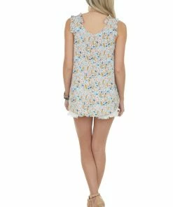 Hailey & Co Sky Blue Floral Sleeveless Ruffle Strap Blouse