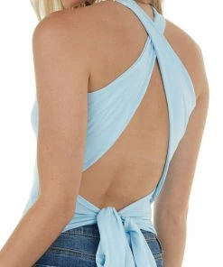Peach Love Sky Blue Halter Neck Wrap Crop Top