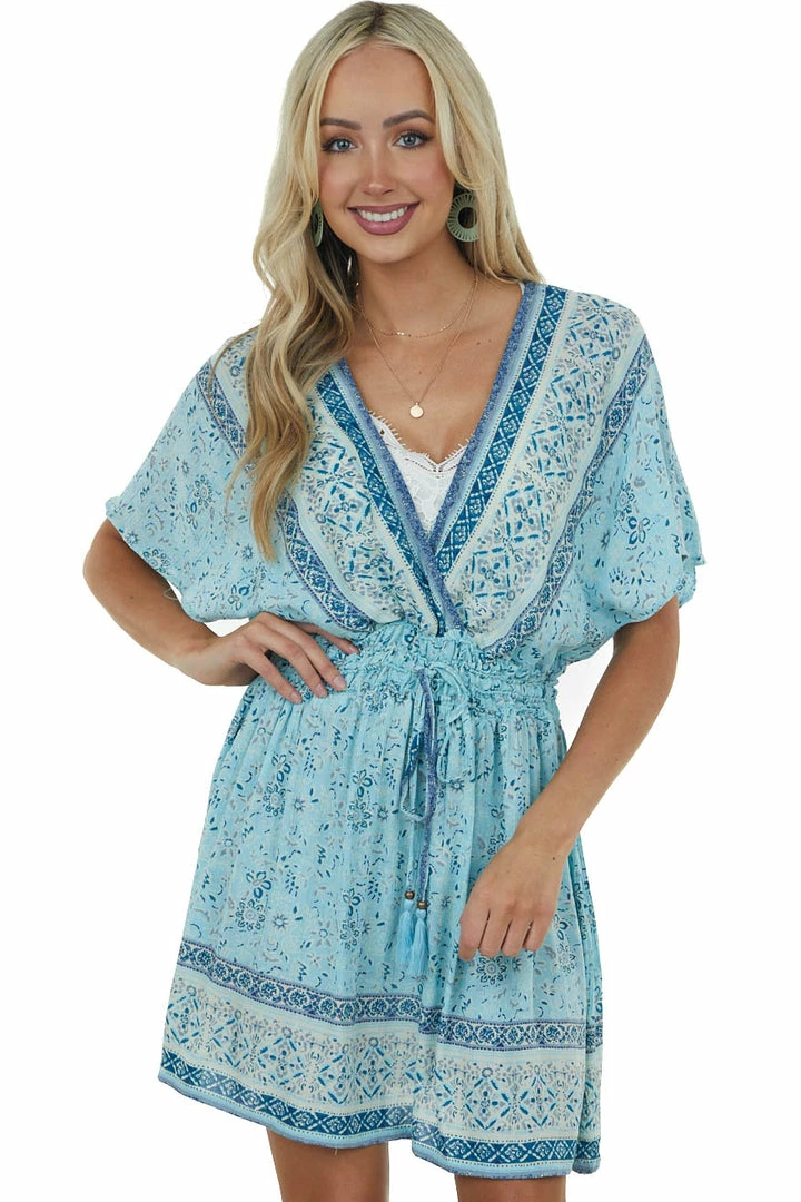 Nostalgia Sky Blue Multiprint Surplice Woven Mini Dress 5 Nostalgia Sky Blue Multiprint Surplice Woven Mini Dress