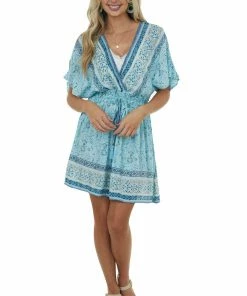 Nostalgia Sky Blue Multiprint Surplice Woven Mini Dress 14 Nostalgia Sky Blue Multiprint Surplice Woven Mini Dress