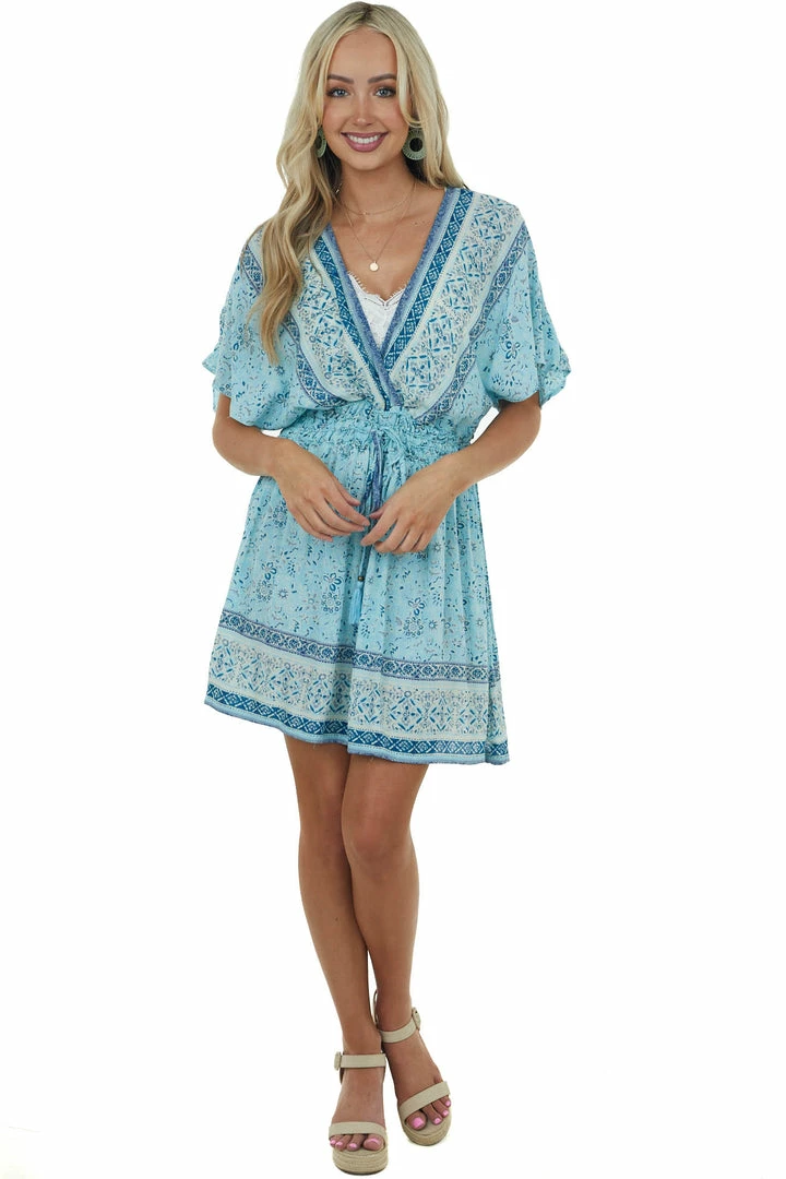 Nostalgia Sky Blue Multiprint Surplice Woven Mini Dress 7 Nostalgia Sky Blue Multiprint Surplice Woven Mini Dress