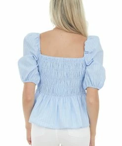 Umgee Tops Sky Blue Pinstripe Smocked Puff Sleeve Peplum Top