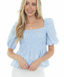 Umgee Tops Sky Blue Pinstripe Smocked Puff Sleeve Peplum Top