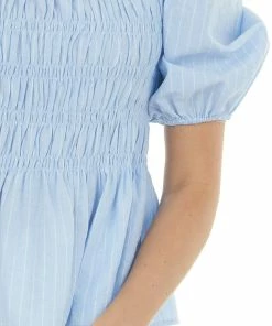 Umgee Tops Sky Blue Pinstripe Smocked Puff Sleeve Peplum Top