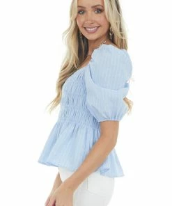 Umgee Tops Sky Blue Pinstripe Smocked Puff Sleeve Peplum Top