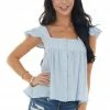 She + Sky Tops Sky Blue Textured Cap Sleeve Woven Top With Button Detail