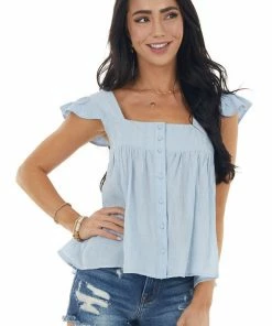 She + Sky Tops Sky Blue Textured Cap Sleeve Woven Top With Button Detail
