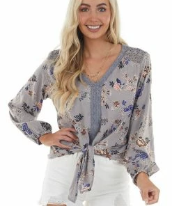 Nostalgia Tops Slate Blue Floral Long Sleeve Front Tie Blouse