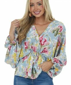 Entro Slate Blue Abstract Print Cinch Waist Blouse