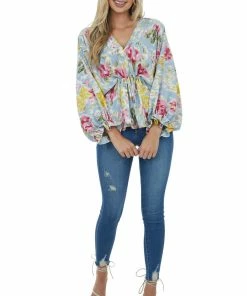 Entro Slate Blue Abstract Print Cinch Waist Blouse