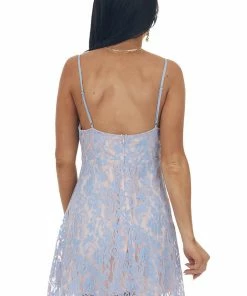 Sweet Lemon Dresses Slate Blue And Peach Sleeveless Lace Short Dress