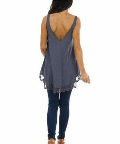 ANGIE Tops Slate Blue Knit Tank Top With Scalloped Lace Hemline