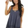 ANGIE Tops Slate Blue Knit Tank Top With Scalloped Lace Hemline