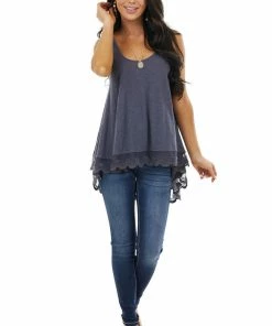 ANGIE Tops Slate Blue Knit Tank Top With Scalloped Lace Hemline