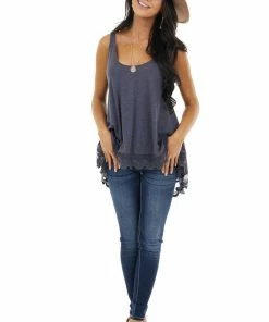 ANGIE Tops Slate Blue Knit Tank Top With Scalloped Lace Hemline