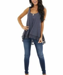 ANGIE Tops Slate Blue Knit Tank Top With Scalloped Lace Hemline