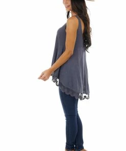 ANGIE Tops Slate Blue Knit Tank Top With Scalloped Lace Hemline