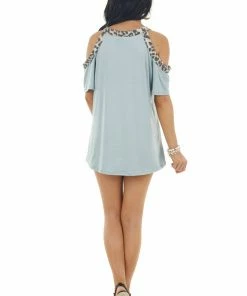 HEIMISH Tops Slate Blue Leopard Print Contrast Cold Shoulder Knit Top 21 HEIMISH Tops Slate Blue Leopard Print Contrast Cold Shoulder Knit Top