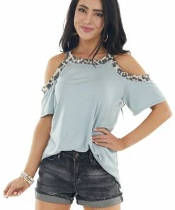HEIMISH Tops Slate Blue Leopard Print Contrast Cold Shoulder Knit Top