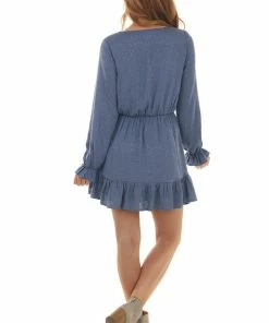 Peach Love Slate Blue Leopard Print Surplice Mini Dress