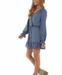 Peach Love Slate Blue Leopard Print Surplice Mini Dress