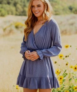 Peach Love Slate Blue Leopard Print Surplice Mini Dress