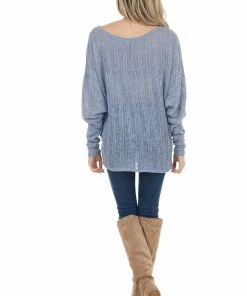 Peach Love Tops Slate Blue Loose Knit Off Shoulder Top With Dolman Sleeves